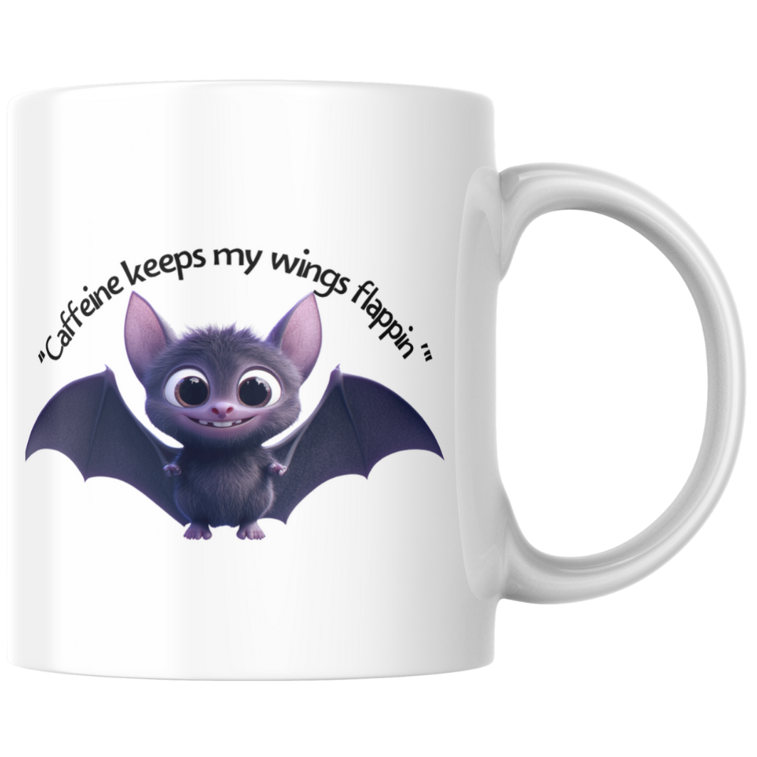 Cute Halloween Bat Mug – “Caffeine Keeps My Wings Flappin’”