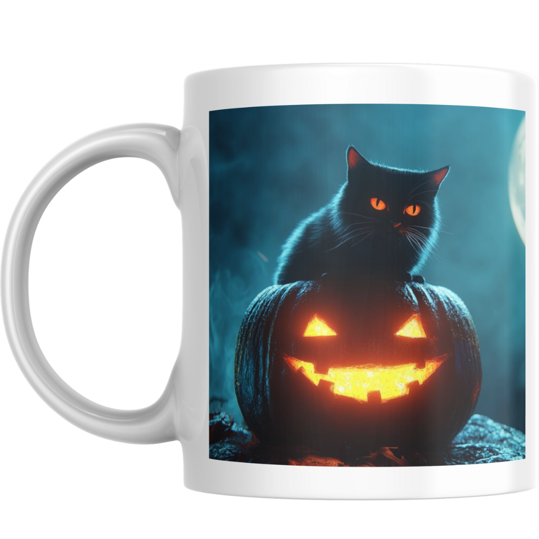 Halloween Cat Mug – Pumpkin & Moon – "Step Y' Pussy Up Bitch It's Halloween"