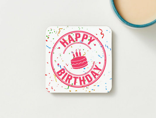 Happy Birthday Coaster – Circular Cake & Confetti Design