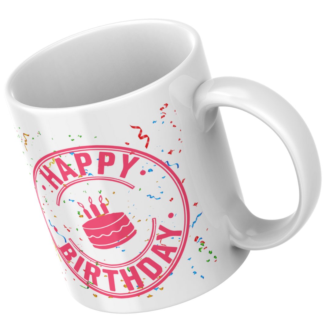 Personalised Happy Birthday Mug – Circular Cake Design with Confetti