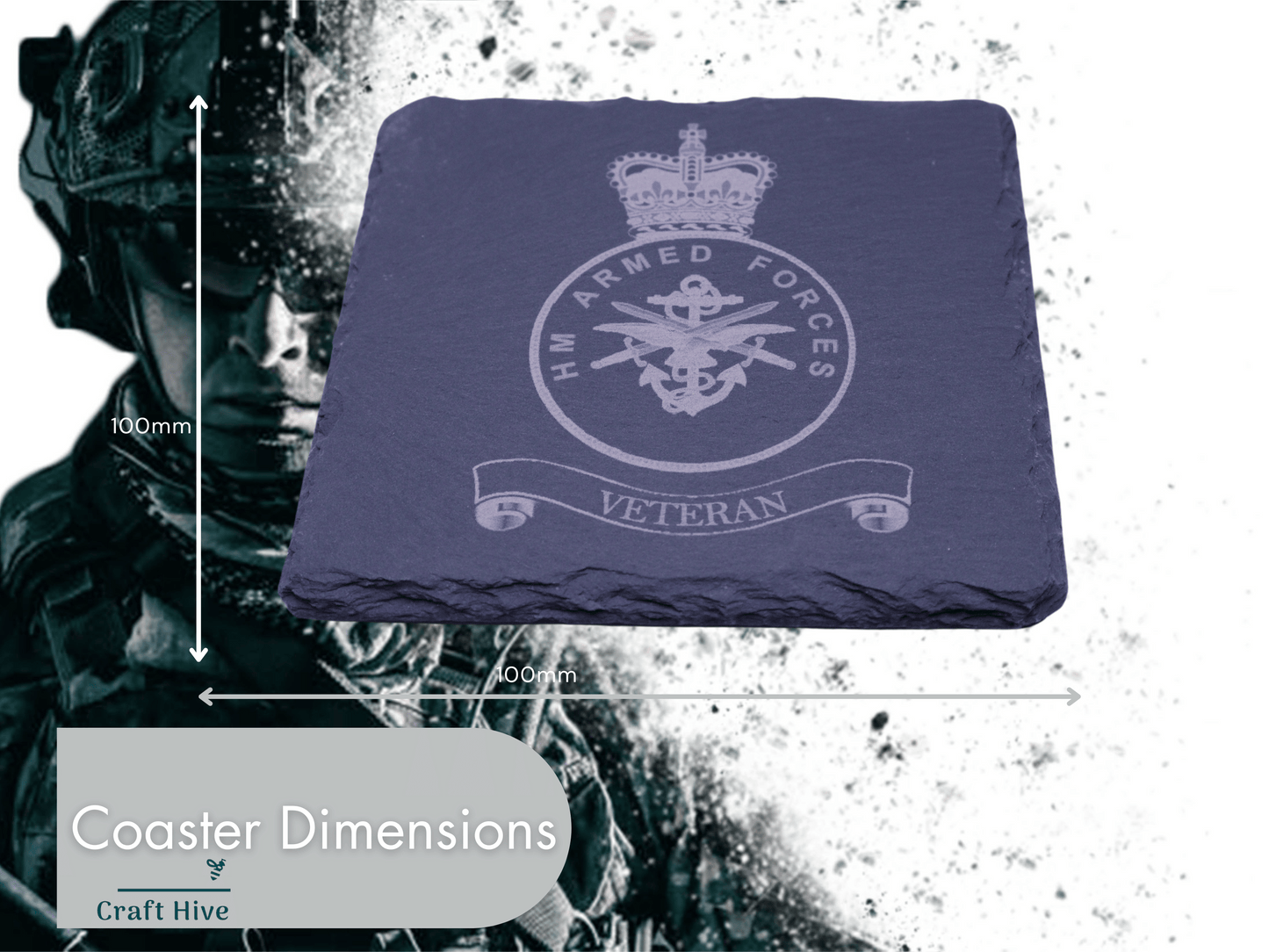 Slate Coaster HM Armed Forces Veteran - British Army Royal Navy Royal Air Force
