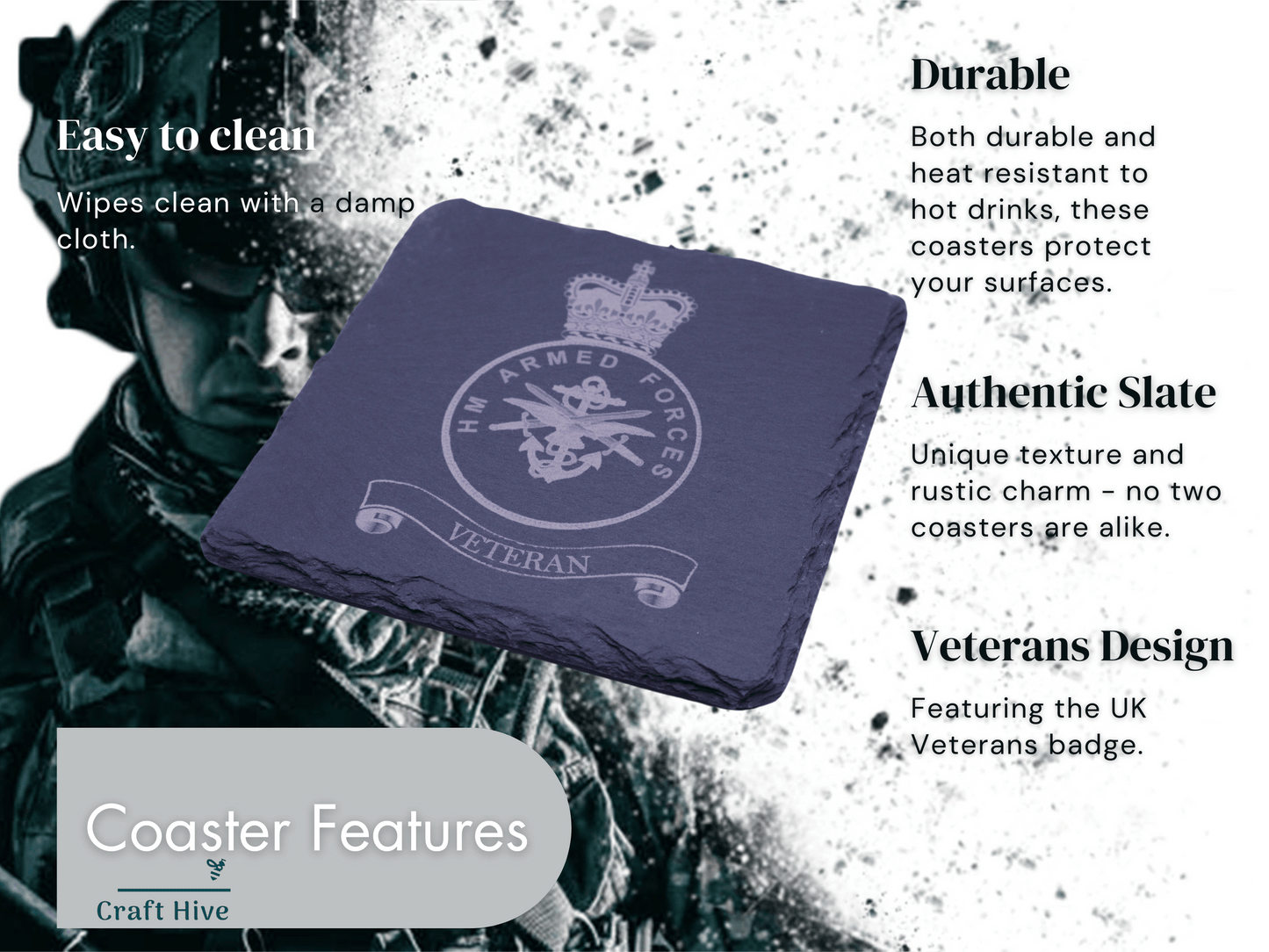 Slate Coaster HM Armed Forces Veteran - British Army Royal Navy Royal Air Force