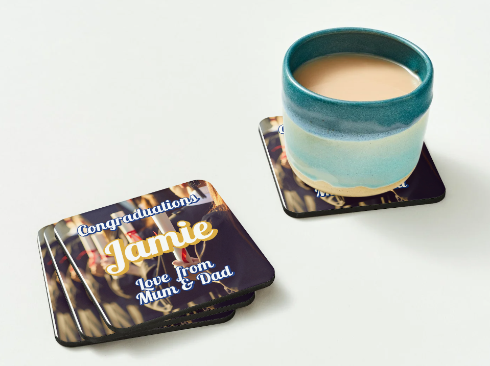 Graduation Coasters SET of 2 or more Personalised Message "Congraduations"