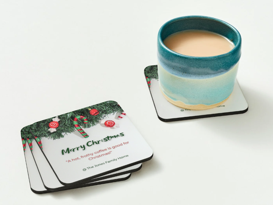 Personalised Merry Christmas Coaster Set – Festive Coffee Design