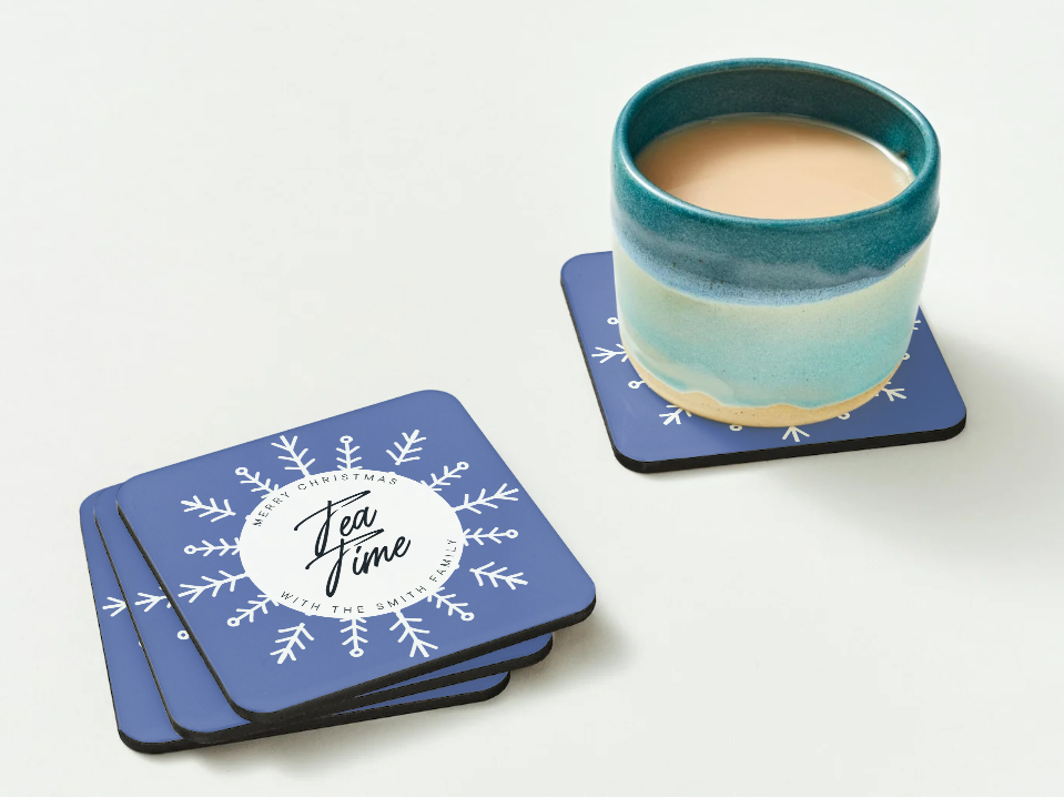 Personalised “Tea Time” Christmas Coaster – Modern Snowflake Design