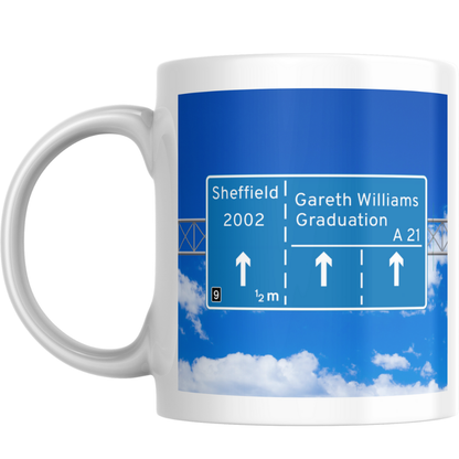 Personalised Motorway Graduation Mug – Custom Name, University & Degree Design