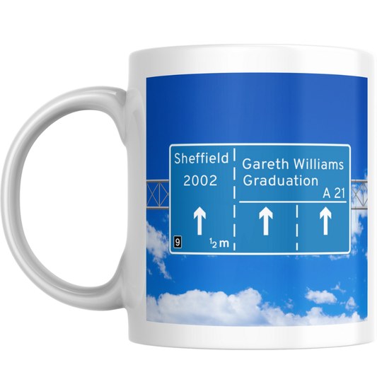 Personalised Motorway Graduation Mug – Custom Name, University & Degree Design