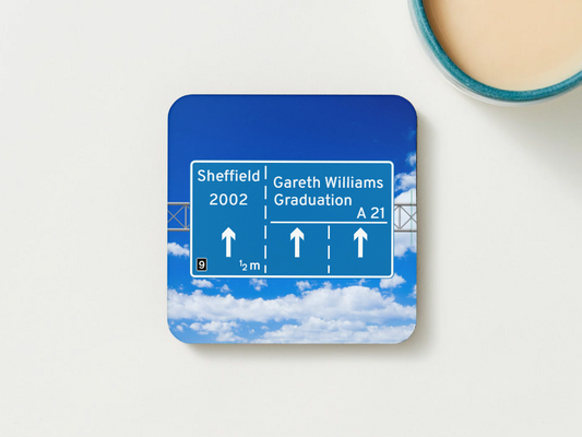 Personalised Motorway Graduation Coaster – Custom Name, University & Degree Design