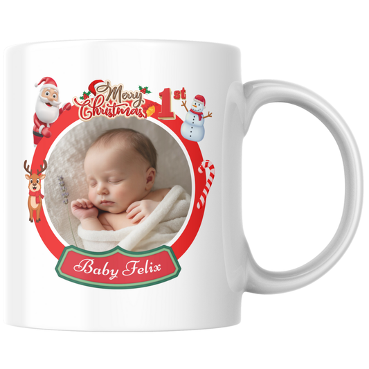Personalised Baby’s 1st Christmas Mug – Festive Photo Frame Design
