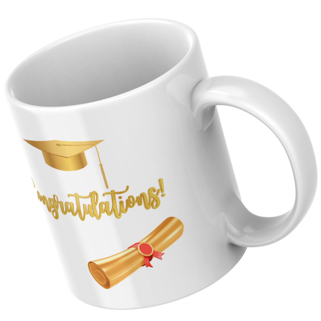 Graduation Mug – Gold Cap & Scroll Congratulations Design