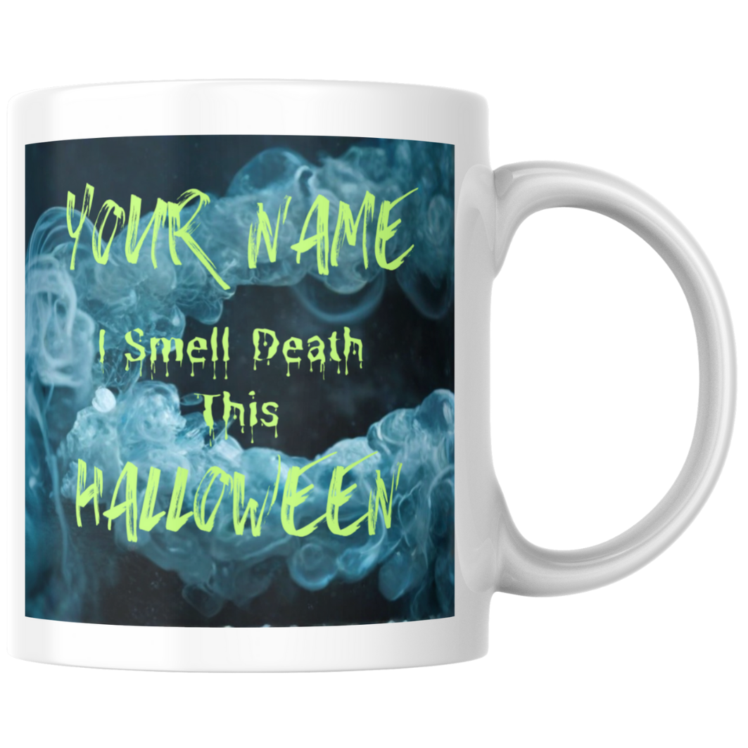 Halloween Skull Mug – Glowing Eyes & Mist –  “I Smell Death This Halloween”