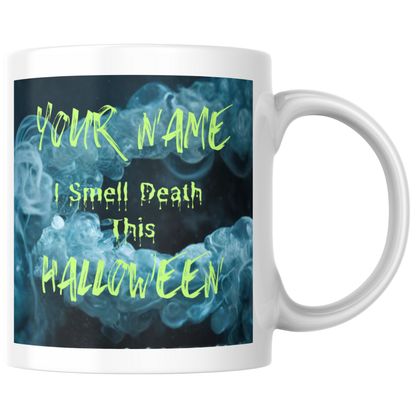 Halloween Skull Mug – Glowing Eyes & Mist –  “I Smell Death This Halloween”