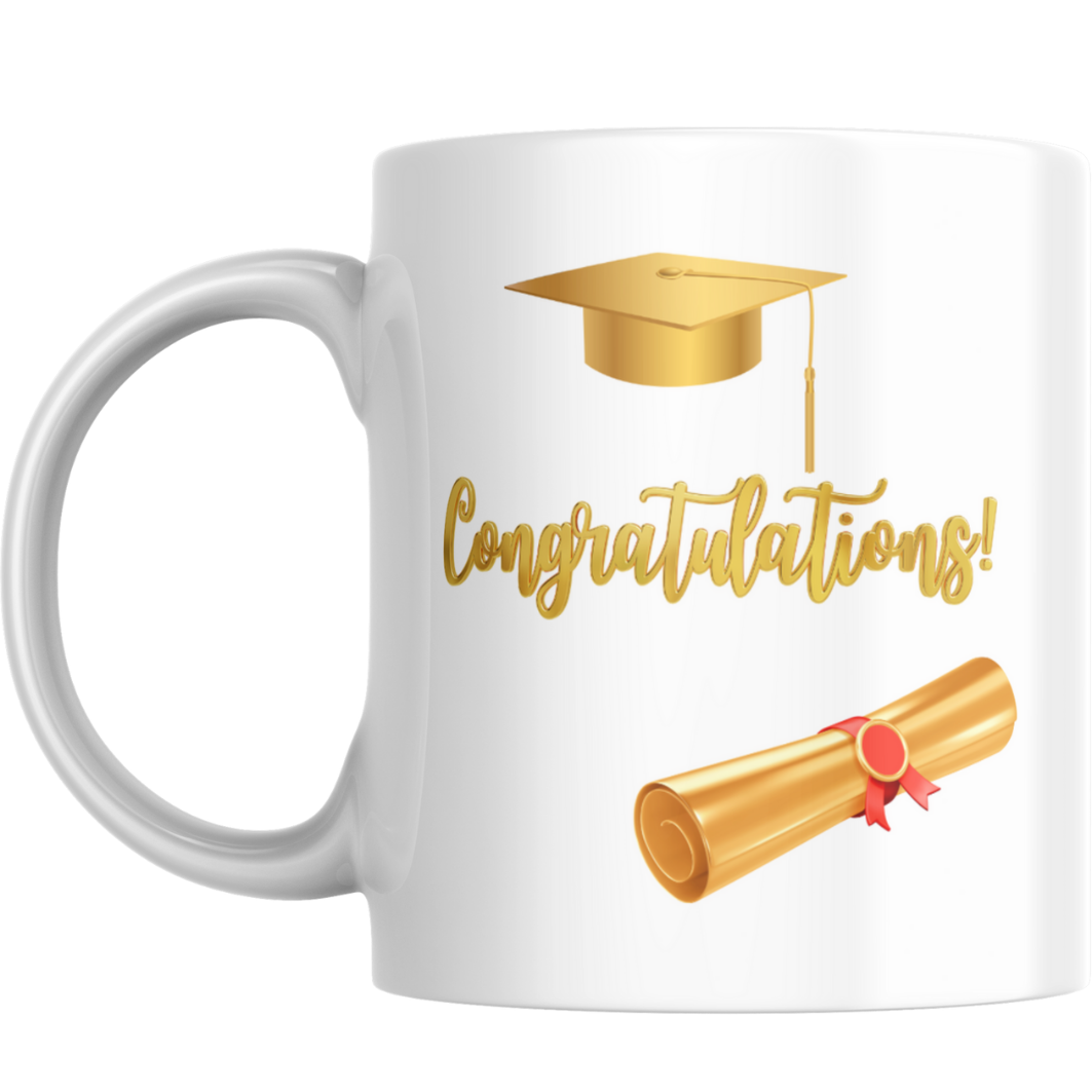 Graduation Mug – Gold Cap & Scroll Congratulations Design