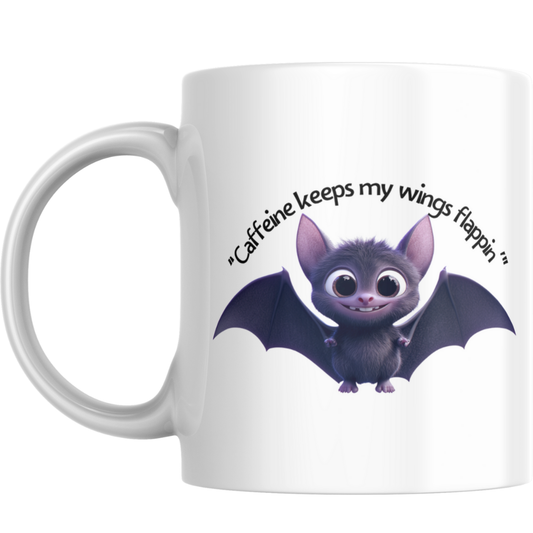 Cute Halloween Bat Mug – “Caffeine Keeps My Wings Flappin’”