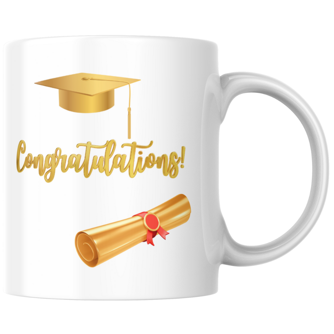 Graduation Mug – Gold Cap & Scroll Congratulations Design