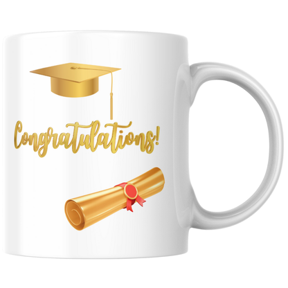 Graduation Mug – Gold Cap & Scroll Congratulations Design