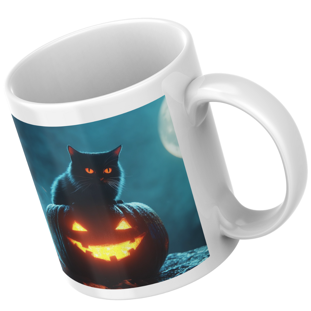 Halloween Cat Mug – Pumpkin & Moon – "Step Y' Pussy Up Bitch It's Halloween"