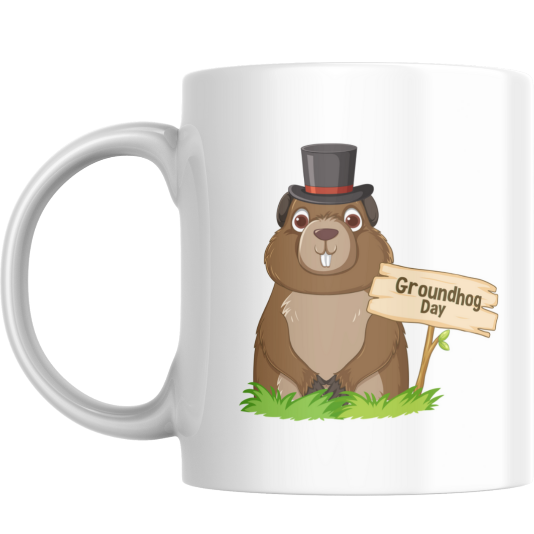 Funny Groundhog Mug – “Here We Go Again” Design