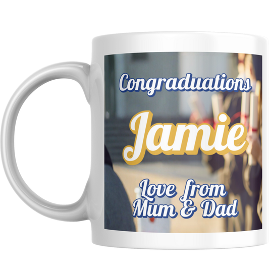 Personalised Graduation Mug – “Congraduations” Design with Name and Message