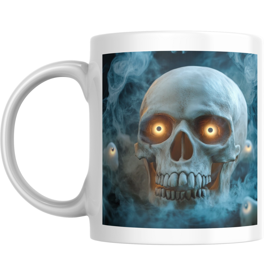 Halloween Skull Mug – Glowing Eyes & Mist –  “I Smell Death This Halloween”