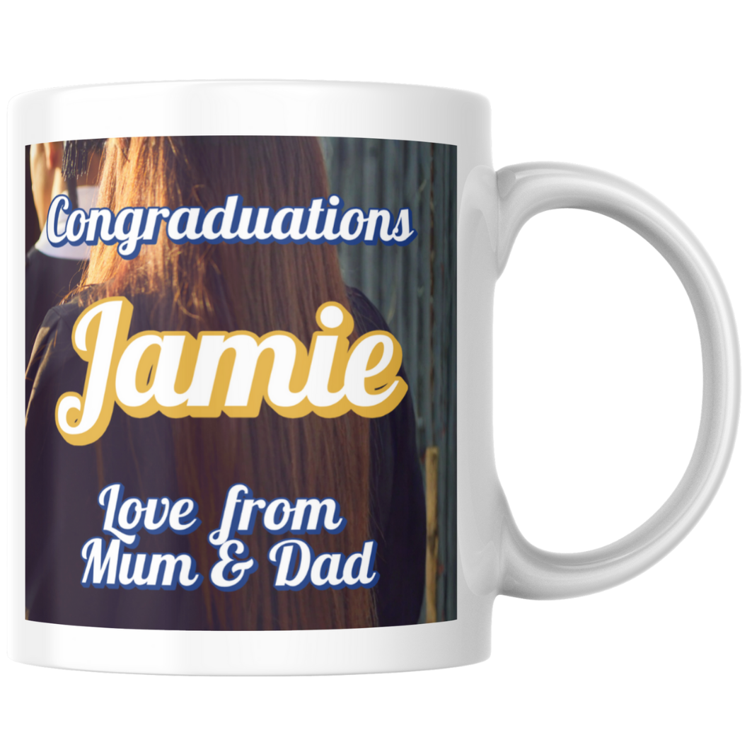 Personalised Graduation Mug – “Congraduations” Design with Name and Message