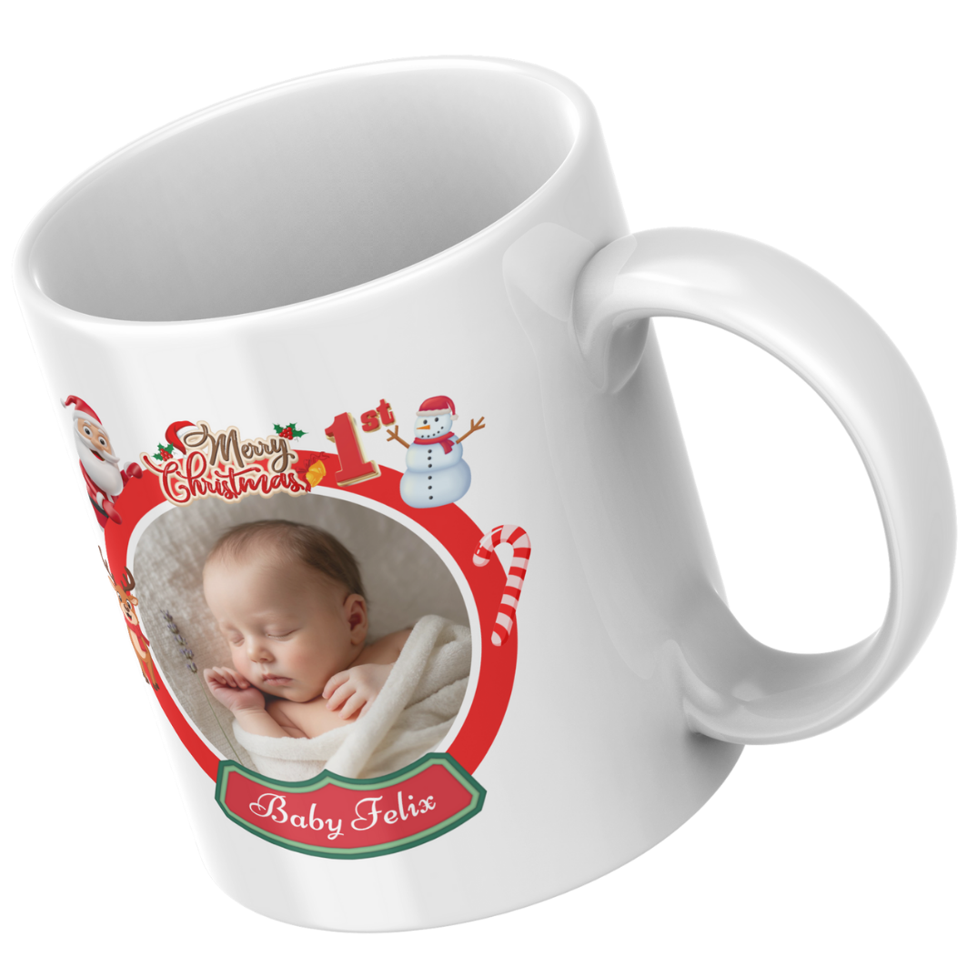 Personalised Baby’s 1st Christmas Mug – Festive Photo Frame Design