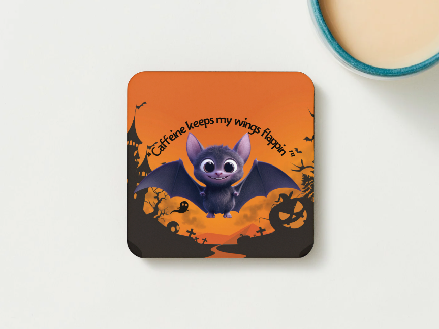 Cute Halloween Bat Coaster – “Caffeine Keeps My Wings Flappin’”