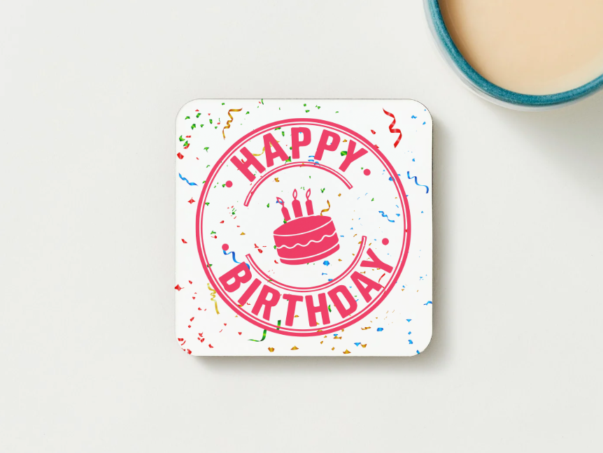 Happy Birthday Coaster – Circular Cake & Confetti Design