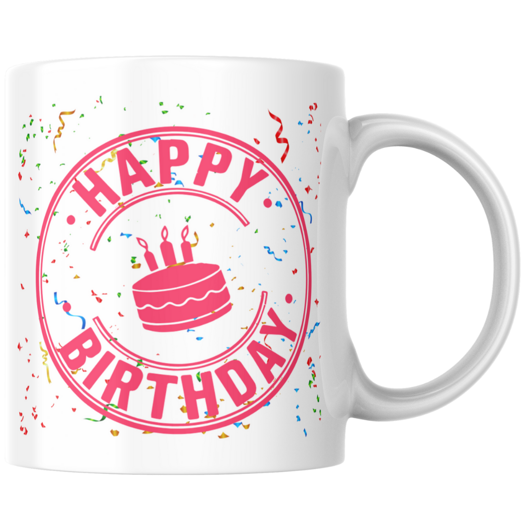 Personalised Happy Birthday Mug – Circular Cake Design with Confetti