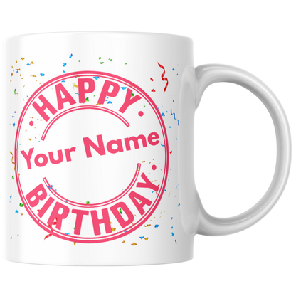 Personalised Happy Birthday Mug – Circular Cake Design with Confetti