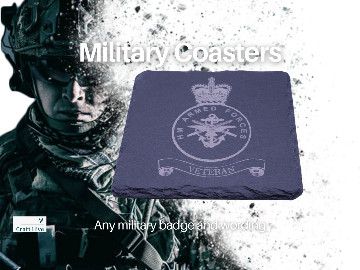 Slate Coaster HM Armed Forces Veteran - British Army Royal Navy Royal Air Force