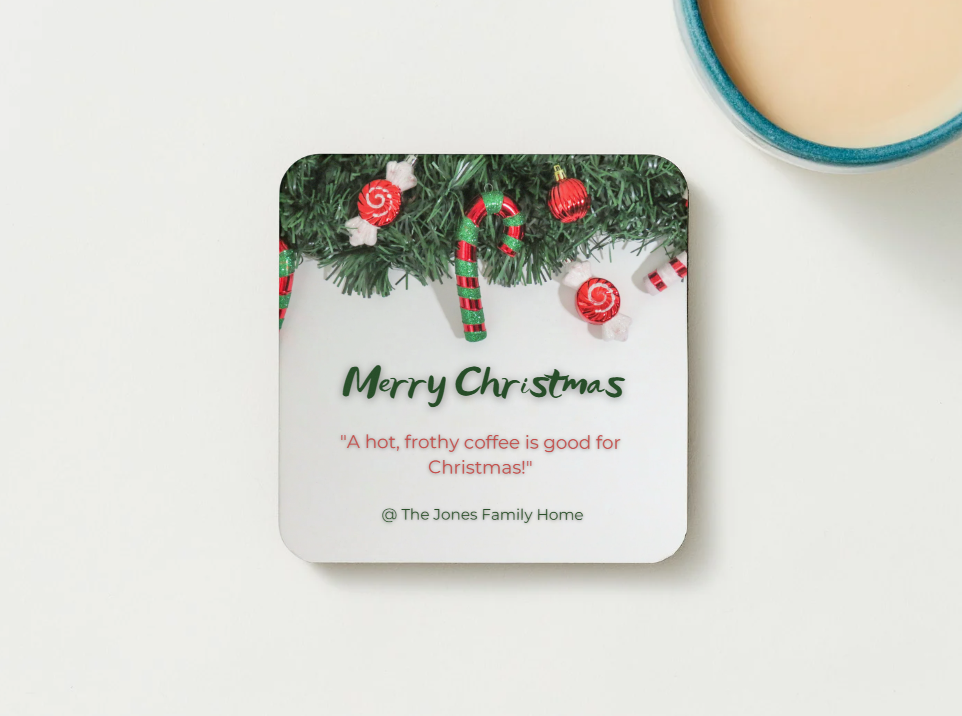 Personalised Merry Christmas Coaster Set – Festive Coffee Design