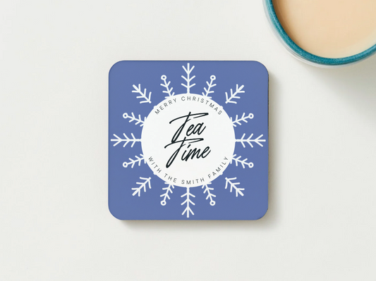 Personalised “Tea Time” Christmas Coaster – Modern Snowflake Design