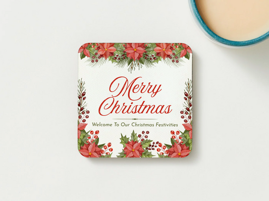 Festive Floral Christmas Coaster Set – Merry Christmas & Welcome Message