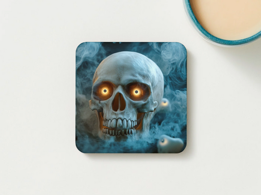 Halloween Skull Coaster – Glowing Eyes & Mist – “Have a Wicked Halloween”